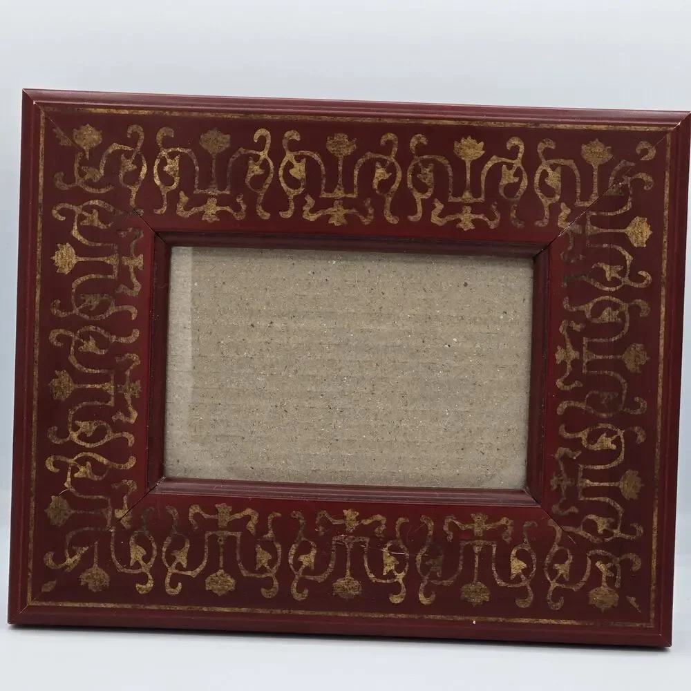 Wood Table Frame Red Painted Gold Scroll Stencil 4 x 6 Italian Florentine Style
